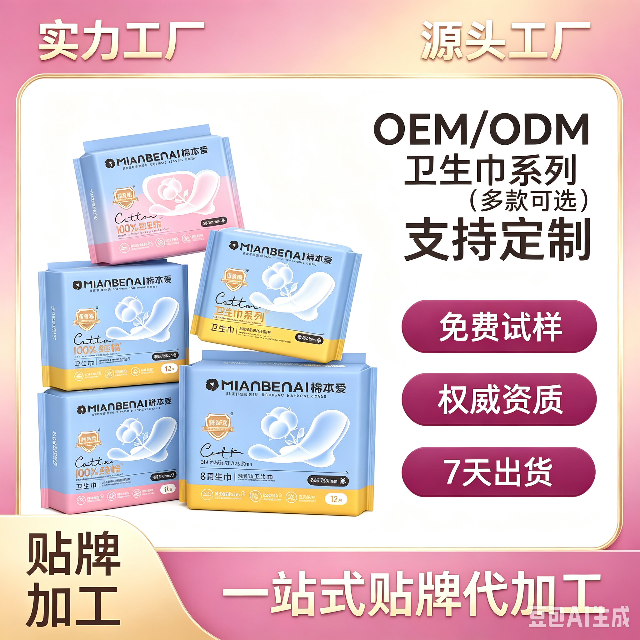 苗家七草牌棉本爱纯棉卫生巾 起订量5000包